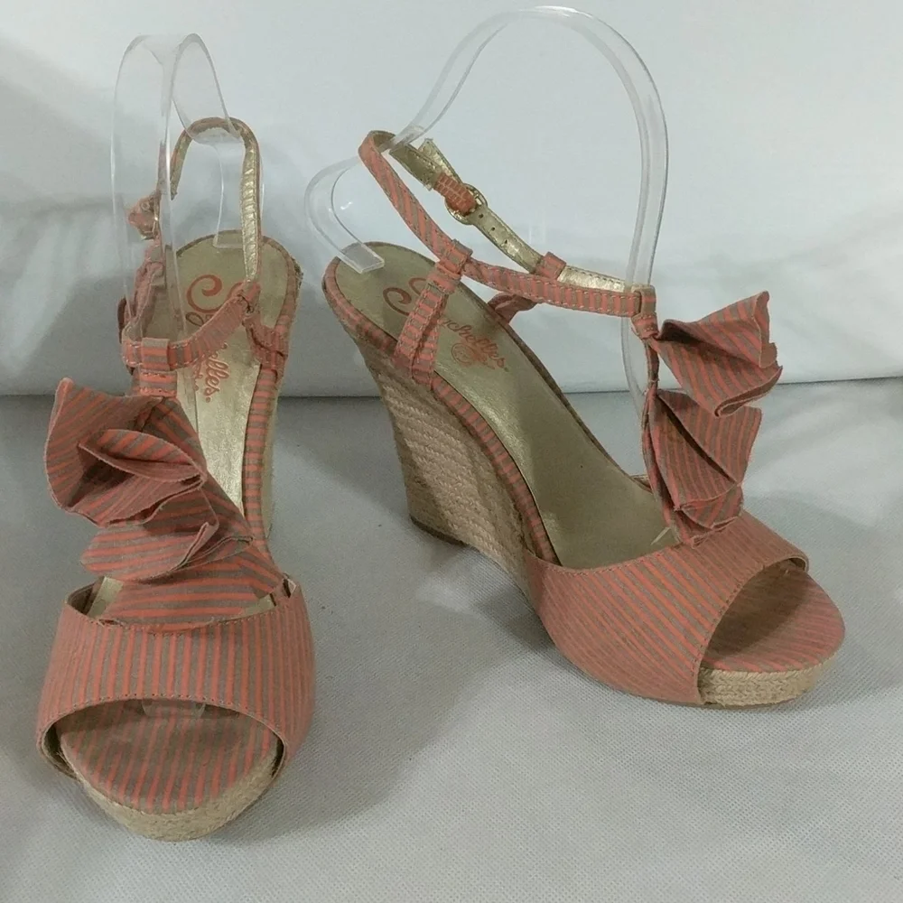 Seychelles Coral and Green Ruffle Espadrilles Wedge Sandals - size 7
